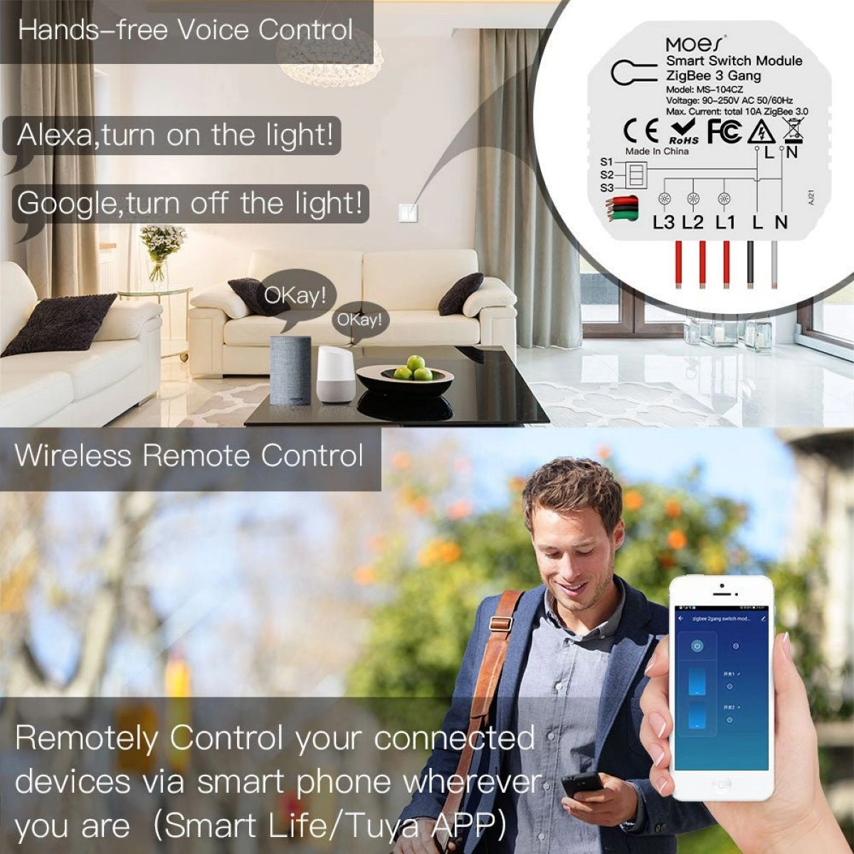 Módulo Interruptor Moes MS-104CZ Mini 3 Canales Zigbee Tuya - imagen 3