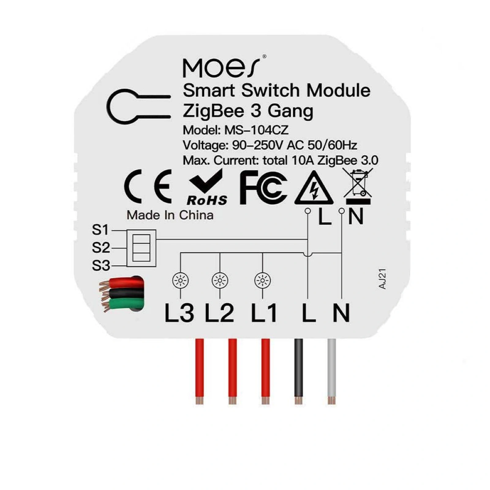 Módulo Interruptor Moes MS-104CZ Mini 3 Canales Zigbee Tuya